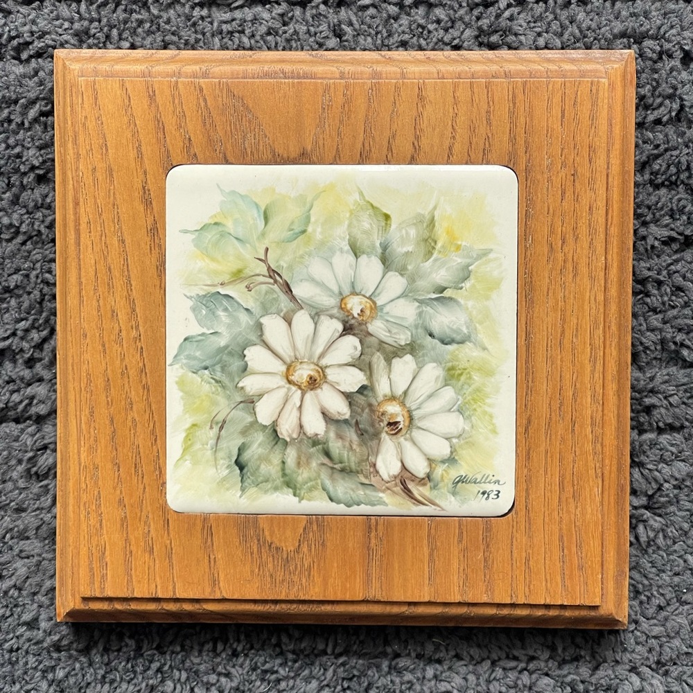 Vintage Hand Painted, Framed and Signed/Dated Beautiful Flower Tile  7 1/4"